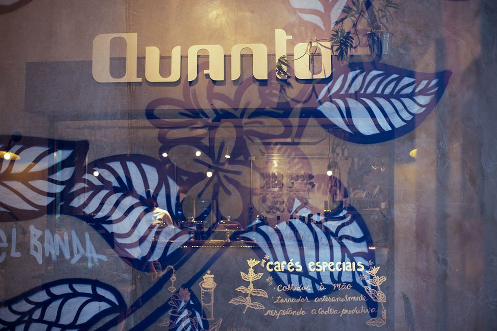 Vitrine do Quanto com folhas de café pintadas em azul